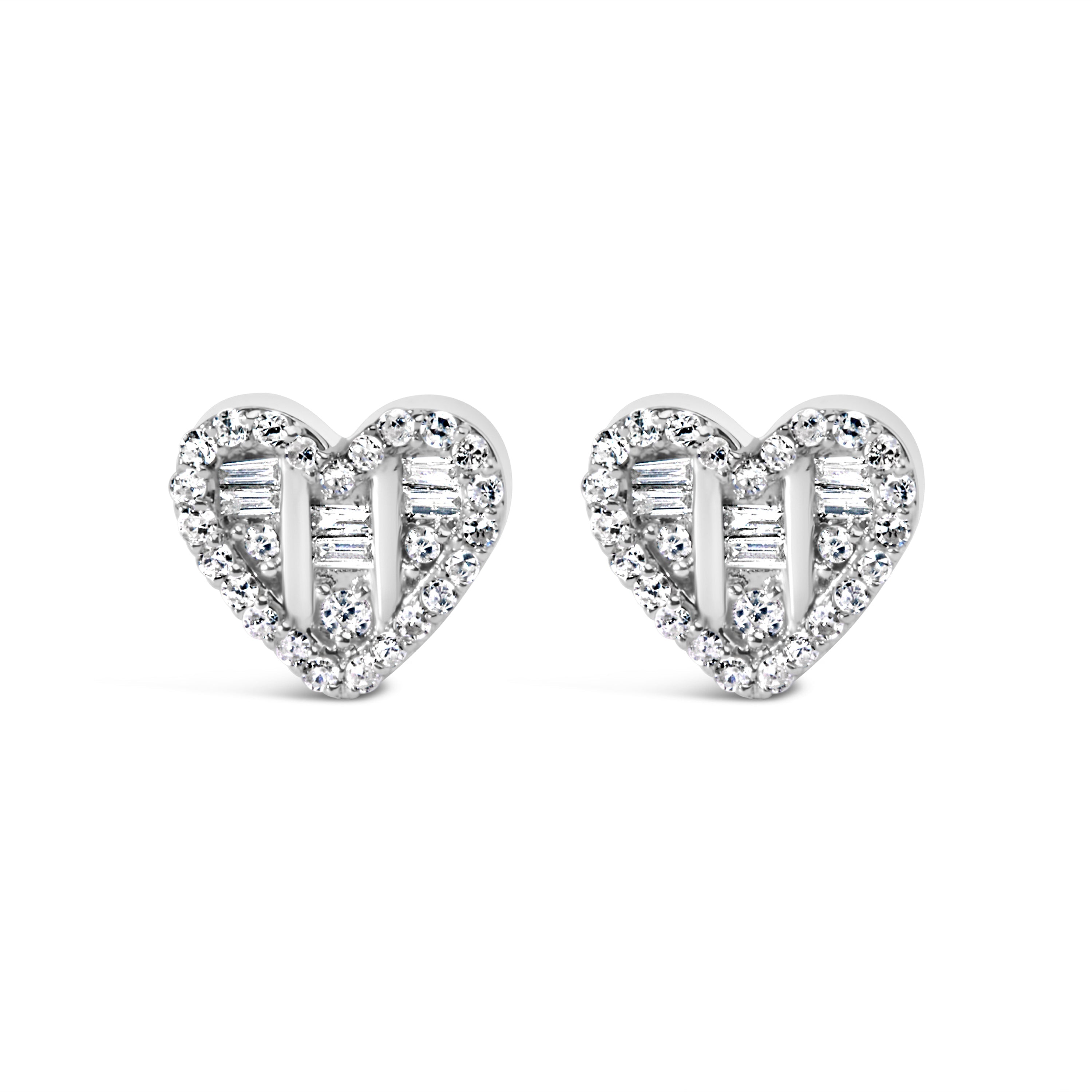 14K Yellow Gold Plated .925 Sterling Silver 1/2 Cttw Round and Baguette Diamond Composite Heart Shaped Stud Earring (I-J Color, SI2-I1 Clarity)