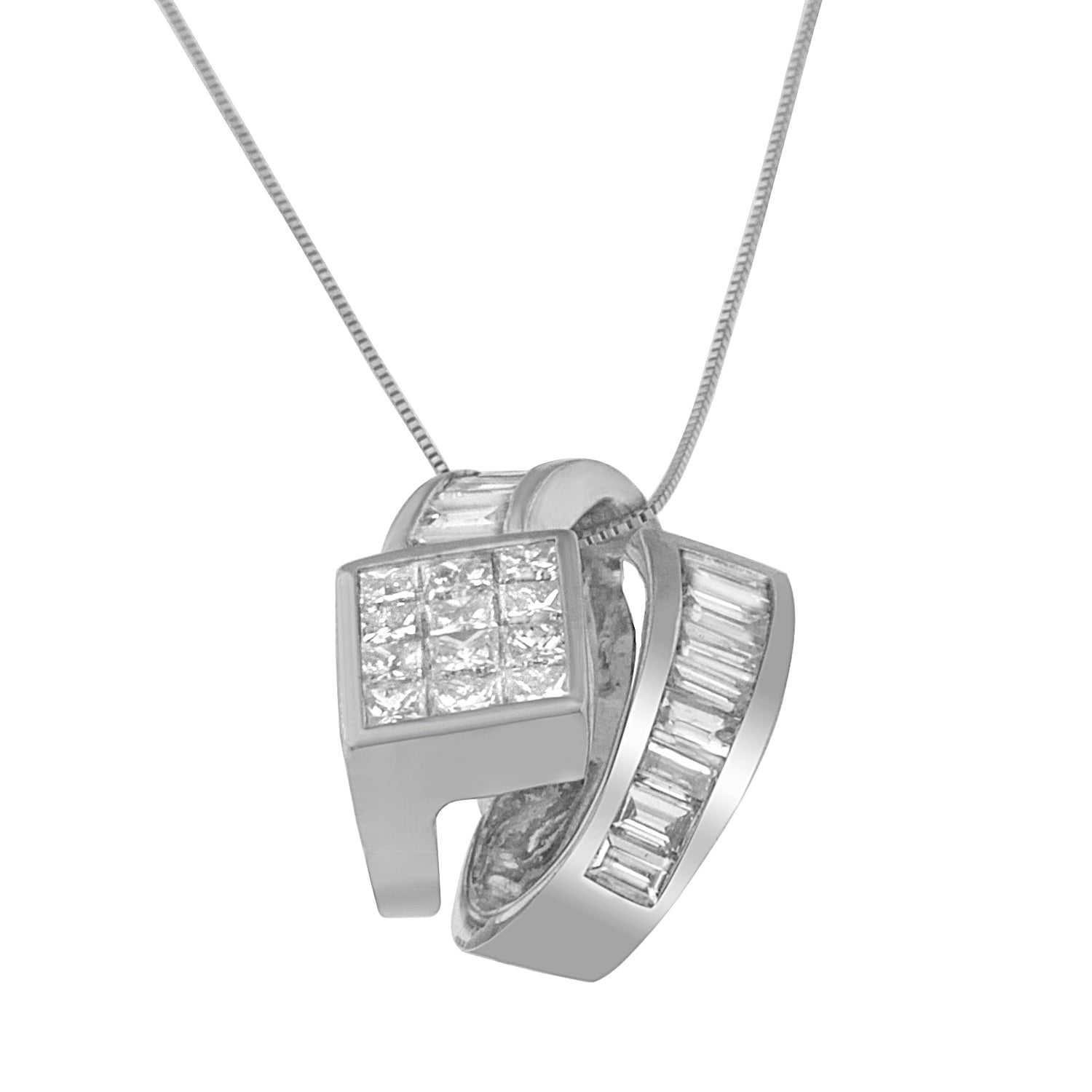 14K White Gold 2 cttw Princess and Baguette Cut Diamond Double Loop Pendant Necklace (G-H, VS1-VS2)