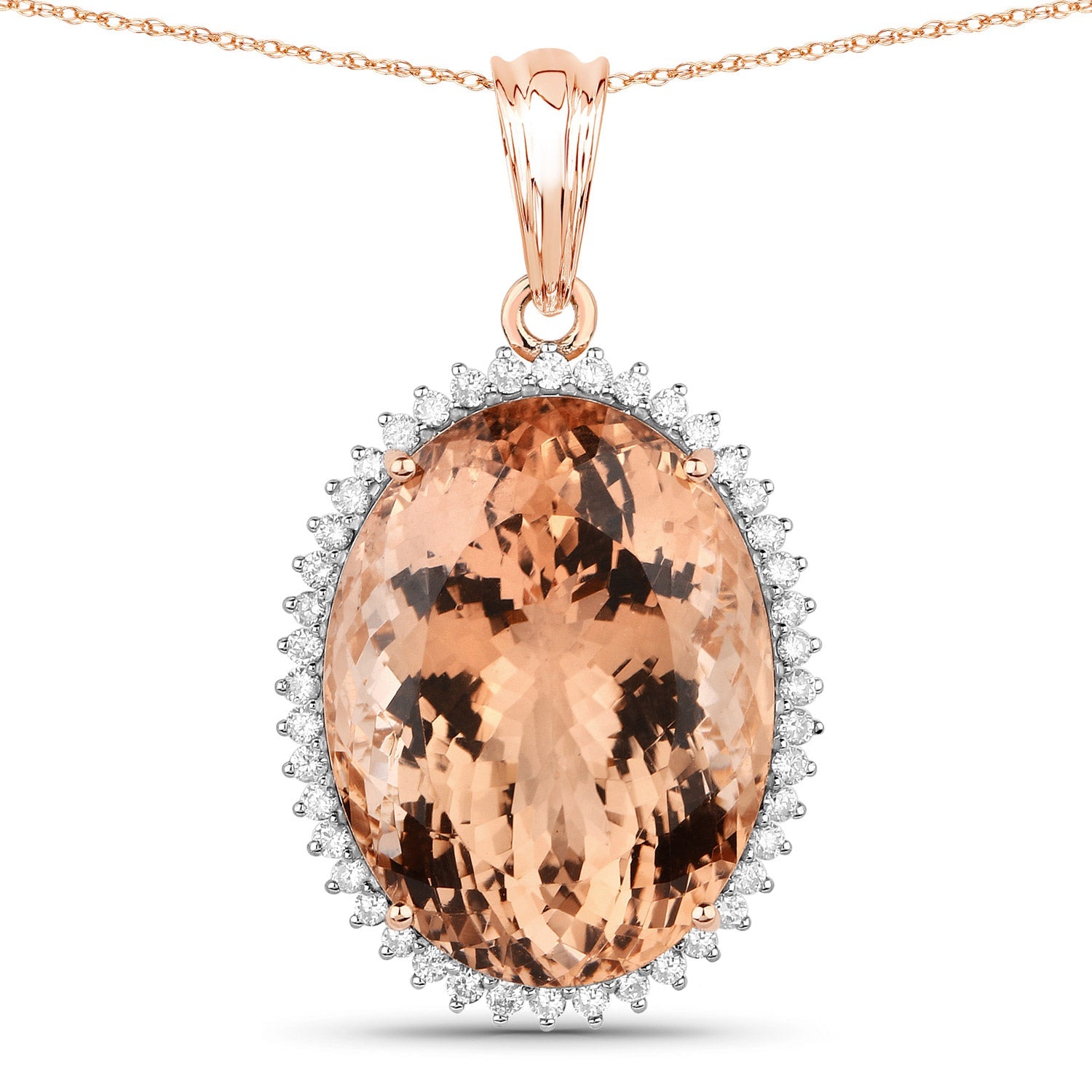 22.01 Carat Genuine Morganite and White Diamond 14K Rose Gold Pendant