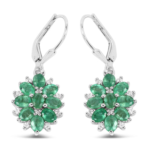 3.04 Carat Genuine Zambian Emerald and White Zircon .925 Sterling Silver Earrings
