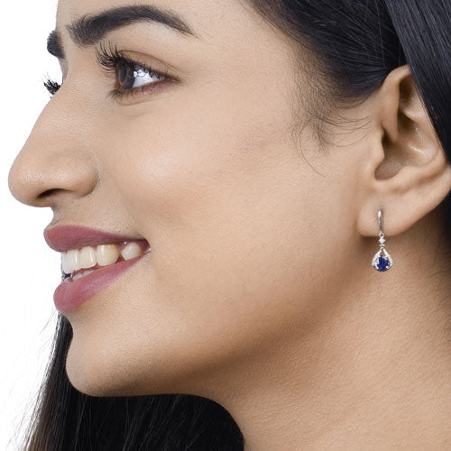 0.86 Carat Genuine Blue Sapphire and White Diamond 14K White Gold Earrings