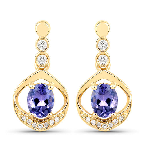 0.76 Carat Genuine Tanzanite and White Diamond 14K Yellow Gold Earrings