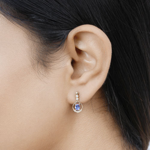 0.76 Carat Genuine Tanzanite and White Diamond 14K Yellow Gold Earrings