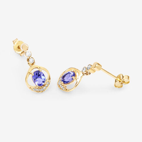 0.76 Carat Genuine Tanzanite and White Diamond 14K Yellow Gold Earrings