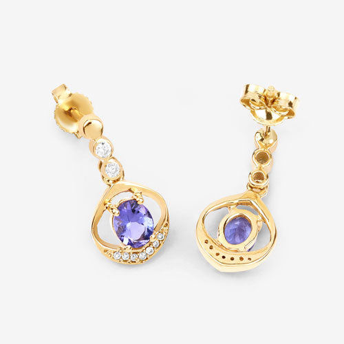 0.76 Carat Genuine Tanzanite and White Diamond 14K Yellow Gold Earrings