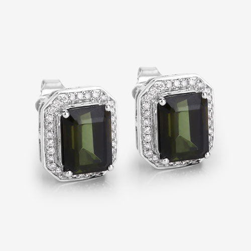 3.57 Carat Genuine Green Tourmaline and White Diamond 14K White Gold Earrings