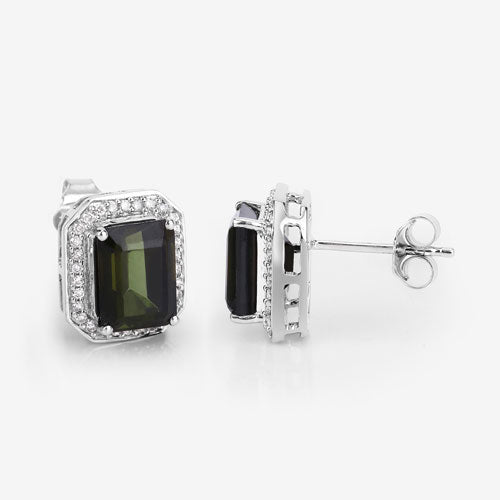 3.57 Carat Genuine Green Tourmaline and White Diamond 14K White Gold Earrings