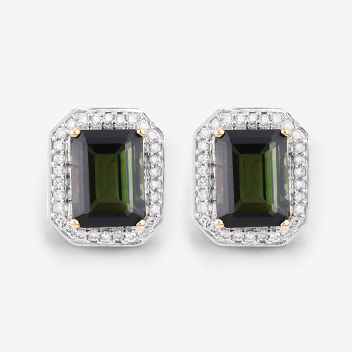 3.57 Carat Genuine Green Tourmaline and White Diamond 14K Yellow Gold Earrings