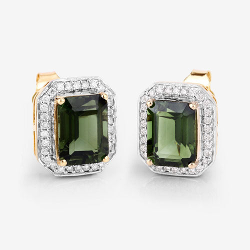 3.57 Carat Genuine Green Tourmaline and White Diamond 14K Yellow Gold Earrings