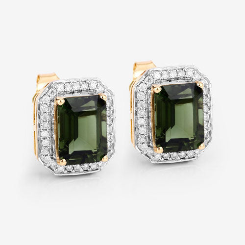 3.57 Carat Genuine Green Tourmaline and White Diamond 14K Yellow Gold Earrings