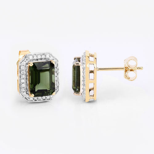 3.57 Carat Genuine Green Tourmaline and White Diamond 14K Yellow Gold Earrings
