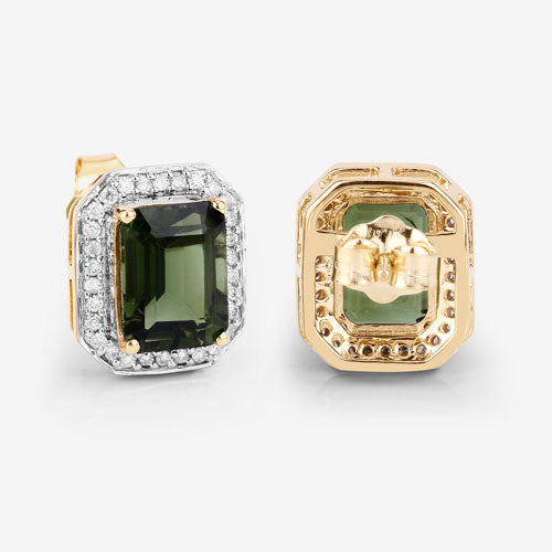 3.57 Carat Genuine Green Tourmaline and White Diamond 14K Yellow Gold Earrings