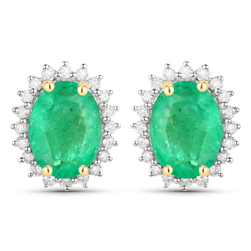 2.66 Carat Genuine Zambian Emerald and White Diamond 10K Yellow Gold Earrings