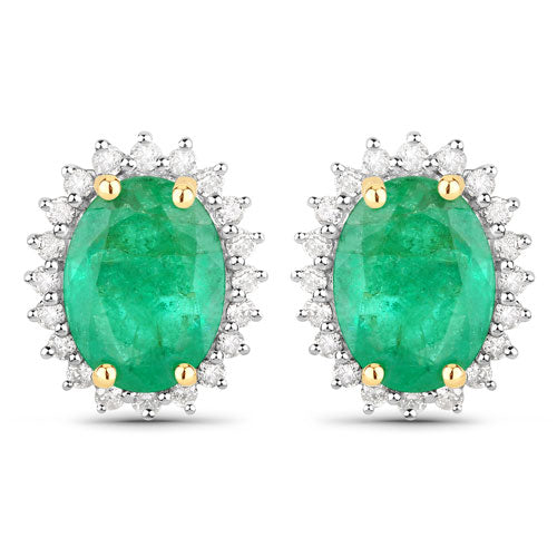 2.66 Carat Genuine Zambian Emerald and White Diamond 14K Yellow Gold Earrings