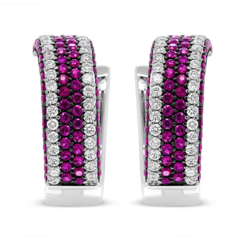 18K White Gold 1 7/8 Cttw Diamond and 1mm Round Red Ruby Open Swish Hoop Earrings (F-G Color, VS1-VS2 Clarity)