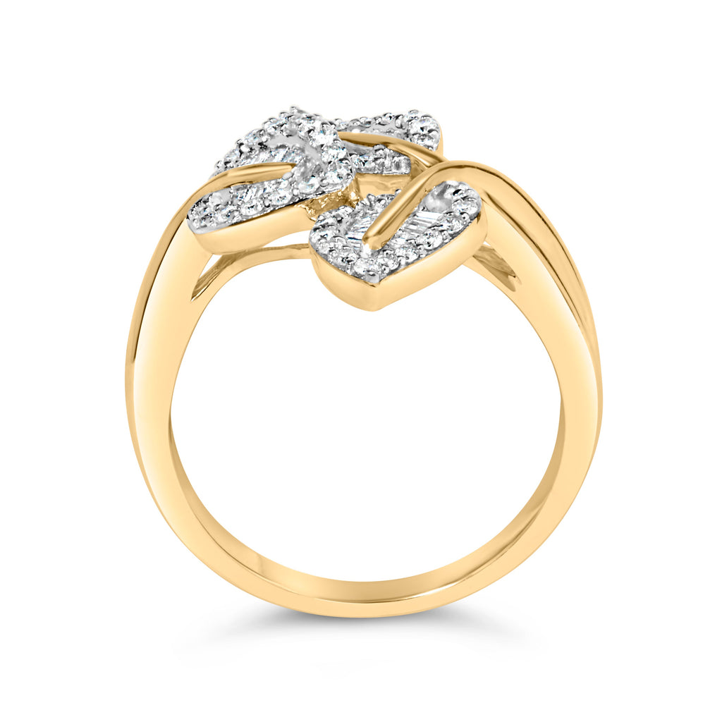 10k Yellow and White Gold 1/2 Cttw Baguette and Round Diamond Bypass Triple Leaf Ring (I-J Color, I1-I2 Clarity) - Size 7
