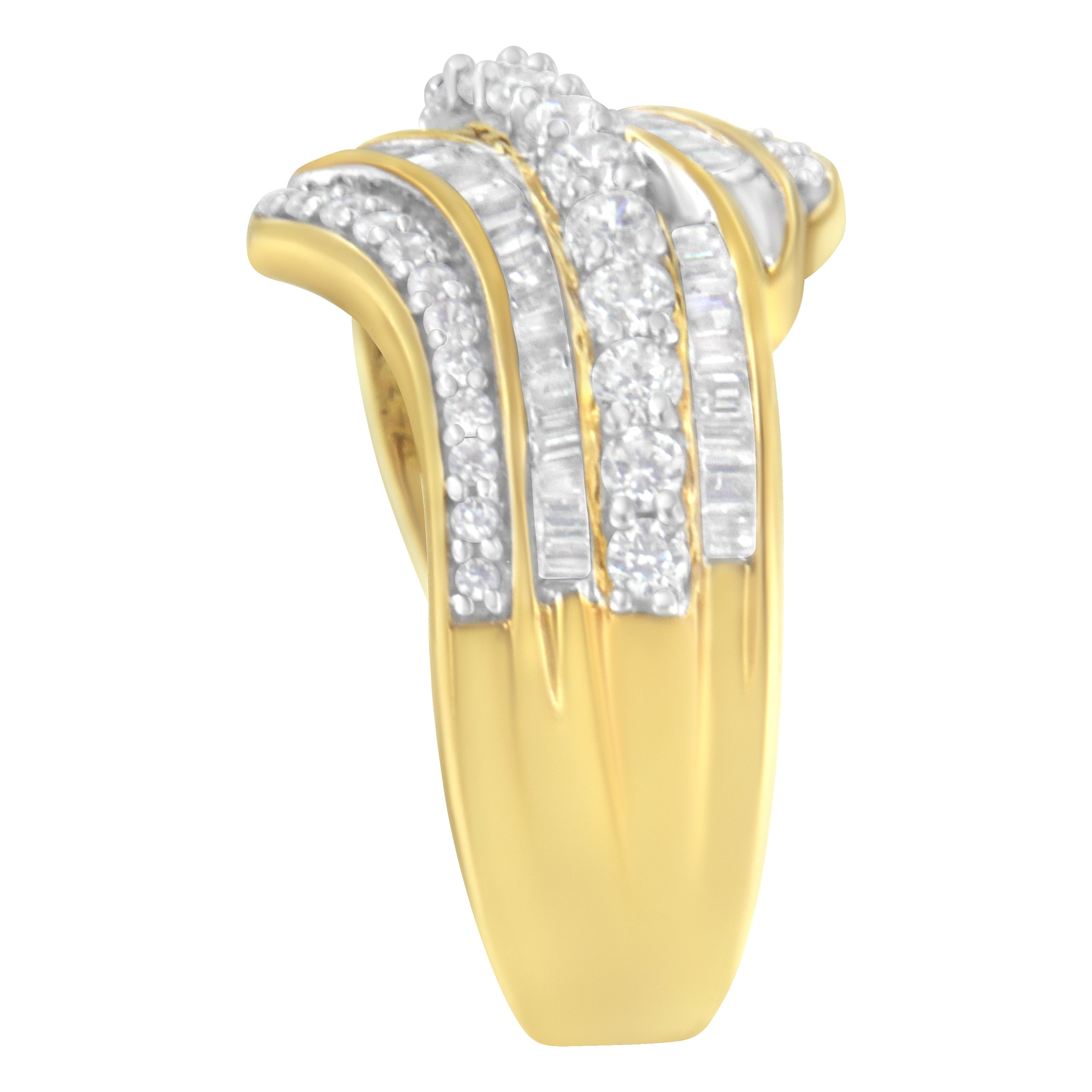 10K Yellow Gold 1.0 Cttw Baguette and Round Diamond Multi-Row Wave Bypass Ring (I-J Color, I1-I2 Clarity) - Ring Size 7