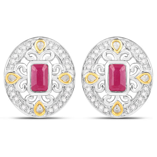 0.77 Carat Genuine Ruby and White Diamond .925 Sterling Silver Earrings
