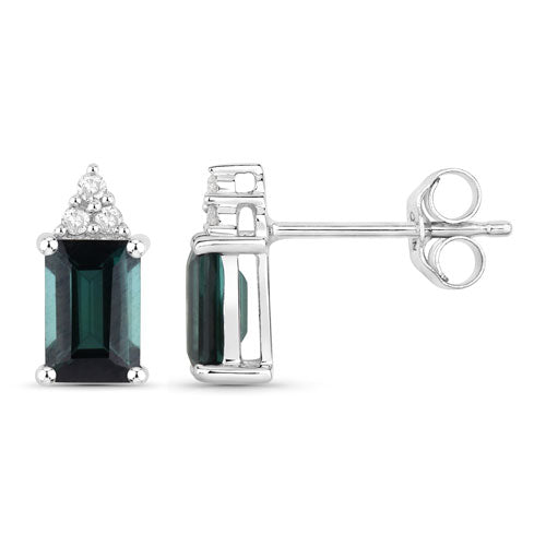 1.25 Carat Genuine Green Tourmaline and White Diamond 14K White Gold Earrings