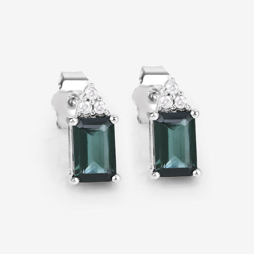 1.25 Carat Genuine Green Tourmaline and White Diamond 14K White Gold Earrings