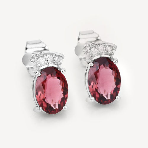 1.35 Carat Genuine Pink Tourmaline and White Diamond 14K White Gold Earrings
