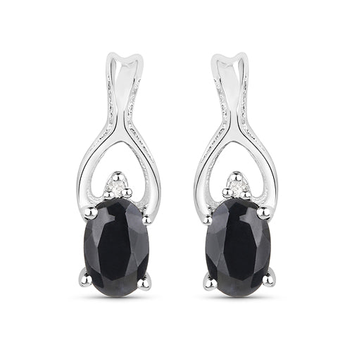 14K White Gold Plated 1.11 Carat Genuine Black Sapphire and White Diamond .925 Sterling Silver Earrings