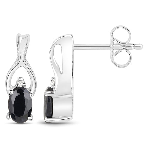 14K White Gold Plated 1.11 Carat Genuine Black Sapphire and White Diamond .925 Sterling Silver Earrings