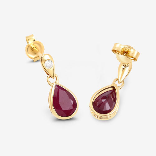 1.65 Carat Genuine Ruby and White Diamond 10K Yellow Gold Earrings