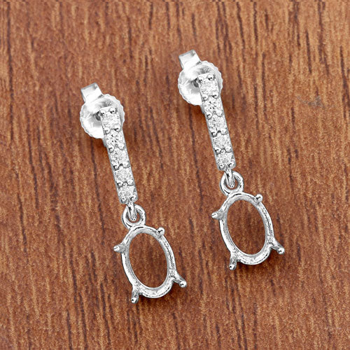 0.14 Carat Genuine White Diamond 14K White Gold Semi Mount Earrings - holds 7x5mm Oval Gemstones