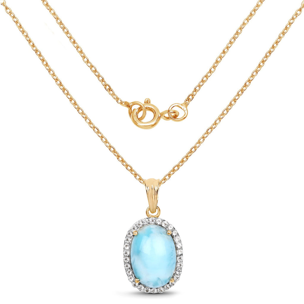 14K Yellow Gold Plated 13.55 Carat Genuine Larimar and White Topaz .925 Sterling Silver Pendant