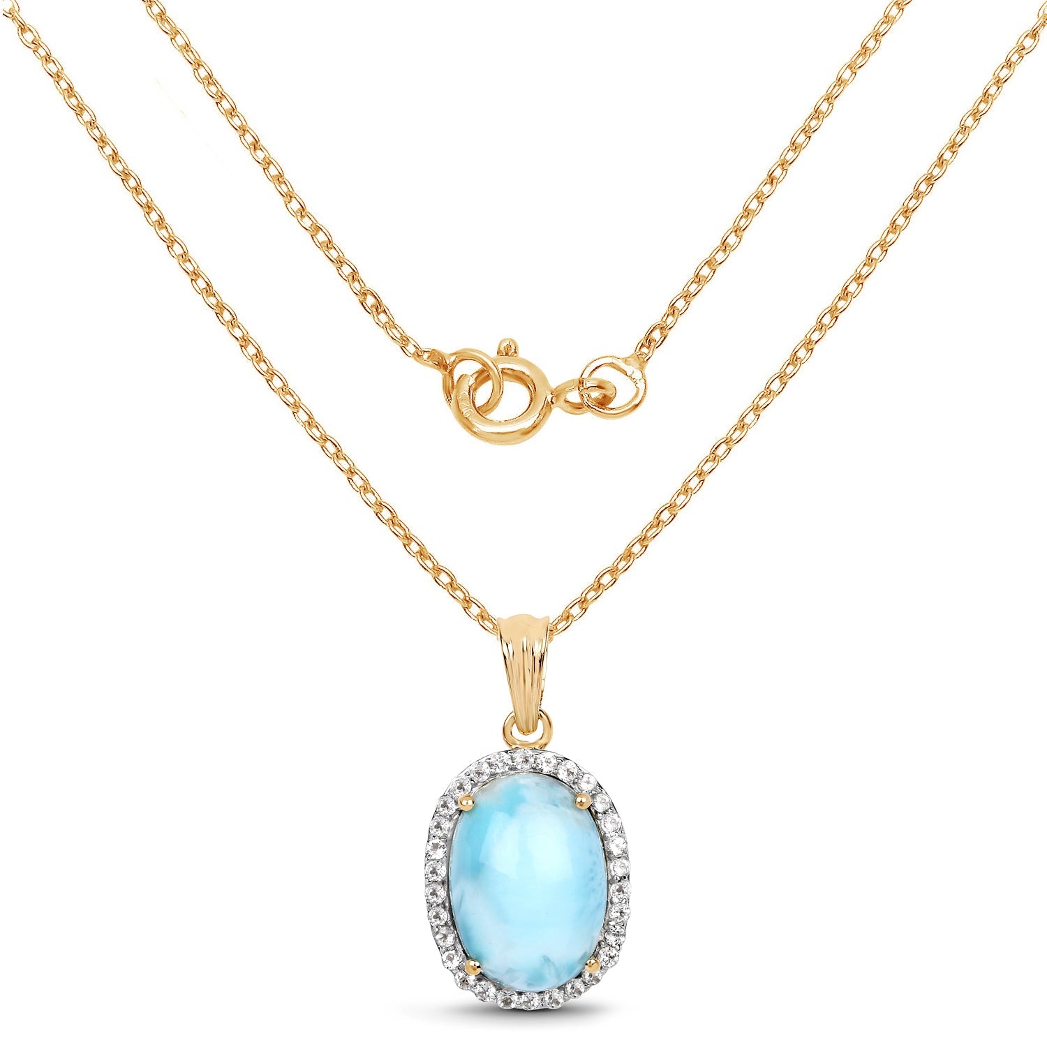 14K Yellow Gold Plated 13.55 Carat Genuine Larimar and White Topaz .925 Sterling Silver Pendant