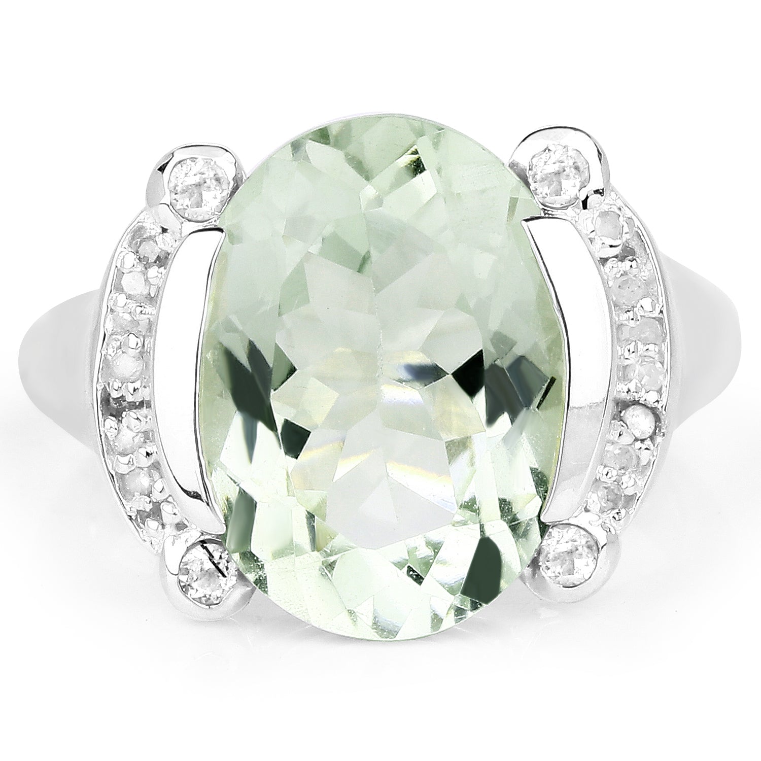 8.12 Carat Genuine Green Amethyst, White Topaz & White Diamond .925 Sterling Silver Ring