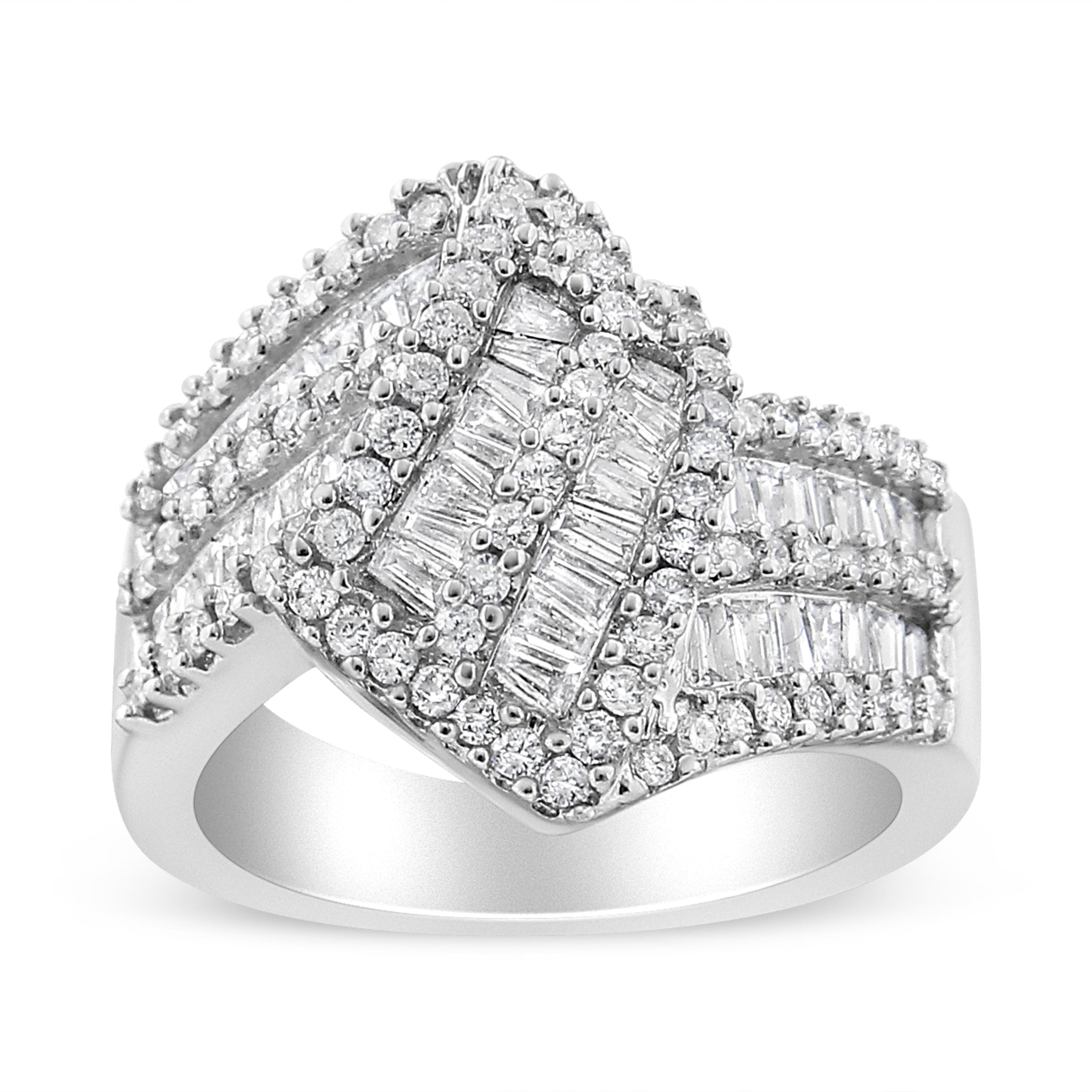 14K White Gold 1-1/2 Cttw Round and Baguette Diamond Bypass Cocktail Ring Band (H-I Color, SI1-SI2 Clarity) - Size 7