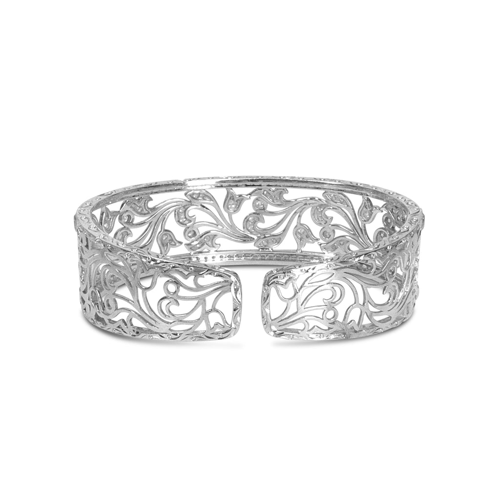 18K White Gold 3 1/4 Cttw Pave Diamond Openwork Floral Filigree Swirl Bangle Cuff Bracelet (H-I Color, VS2-SI1 Clarity)
