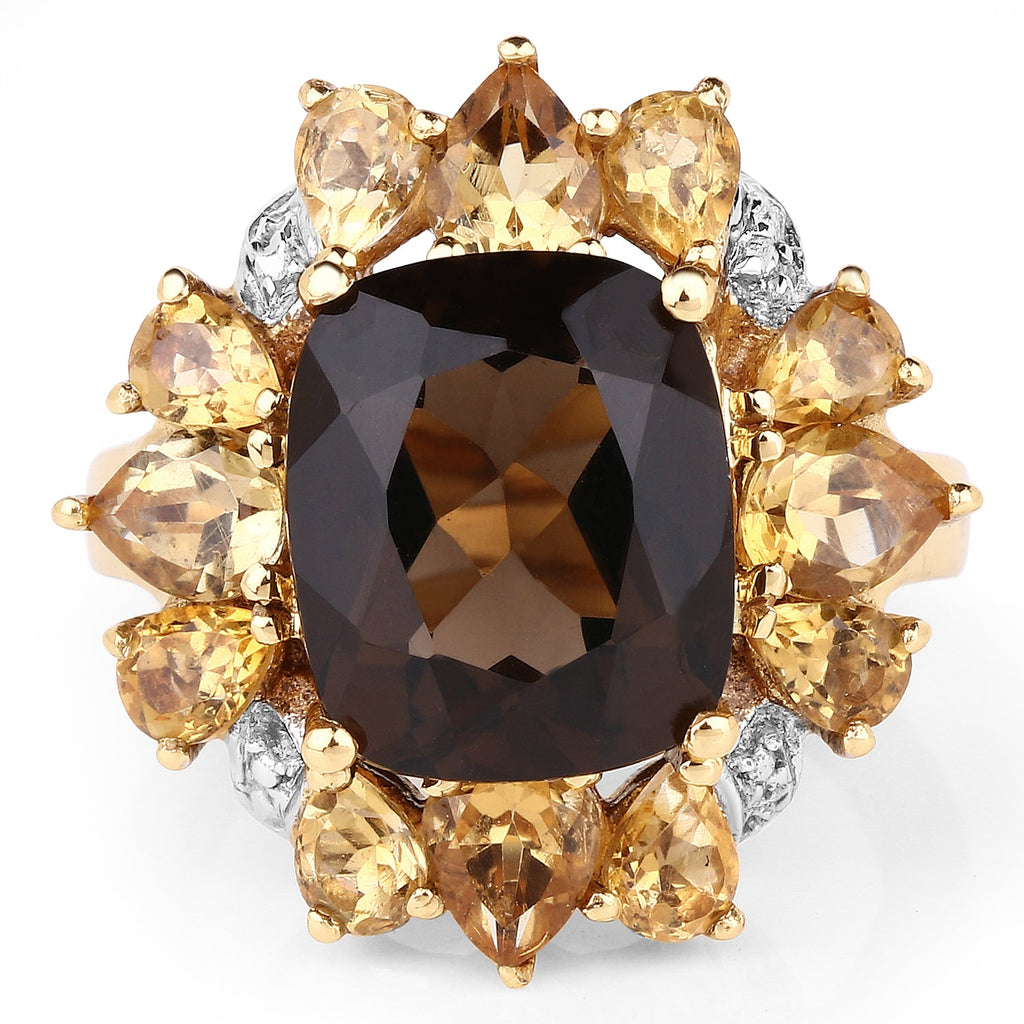 14K Yellow Gold Plated 7.10 Carat Genuine Smoky Quartz, Citrine & White Topaz Brass Ring