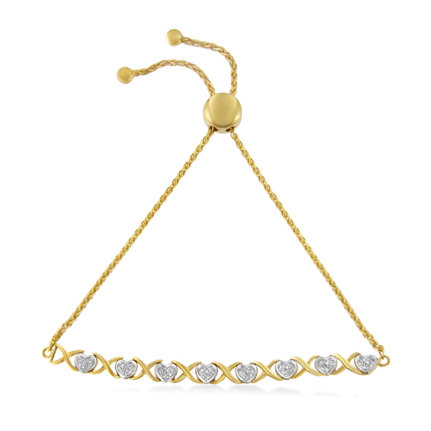 10K Yellow Gold over .925 Sterling Silver 1/10 Cttw Diamond Heart and X-Link 6â€-9â€ Adjustable Bolo Bracelet (H-I Color, I2-I3 Clarity)