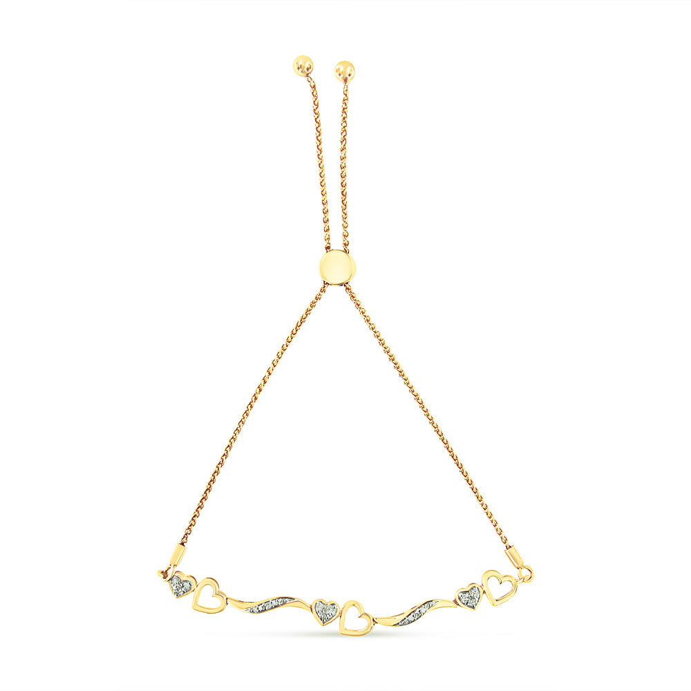 14K Yellow Gold Plated .925 Sterling Silver Diamond Accent Heart and Wave Link Bolo Bracelet (I-J Color, I2-I3 Clarity) - 6" to 9" Adjustable