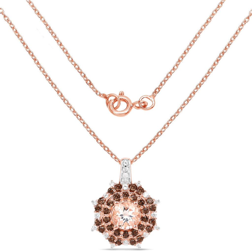 18K Rose Gold Plated 1.61 Carat Genuine Morganite, Smoky Quartz and White Zircon .925 Sterling Silver Pendant