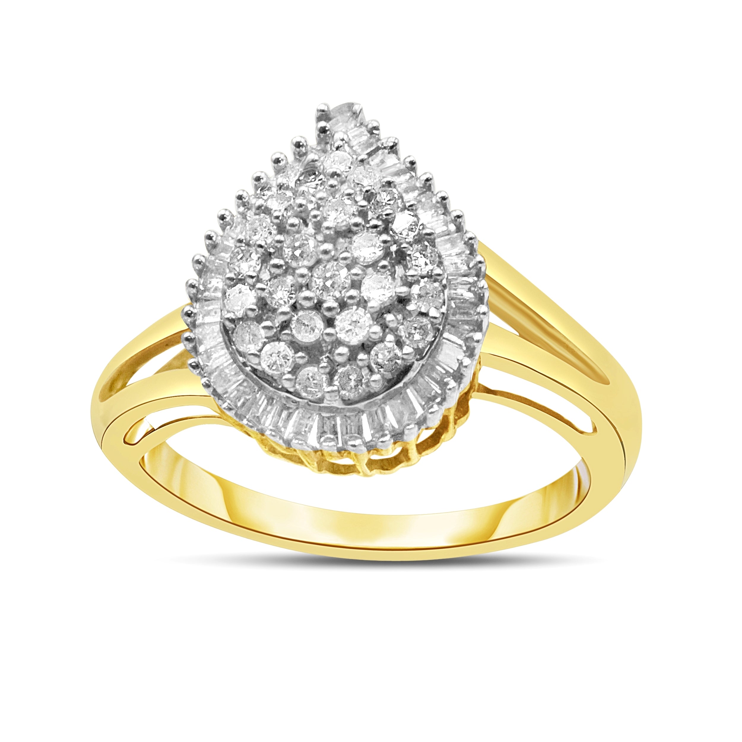 14K Yellow and White Gold 1.00 Cttw Round and Baguette-Cut Diamond Ballerina Cocktail Ring (H-I Color, SI2-I1 Clarity)