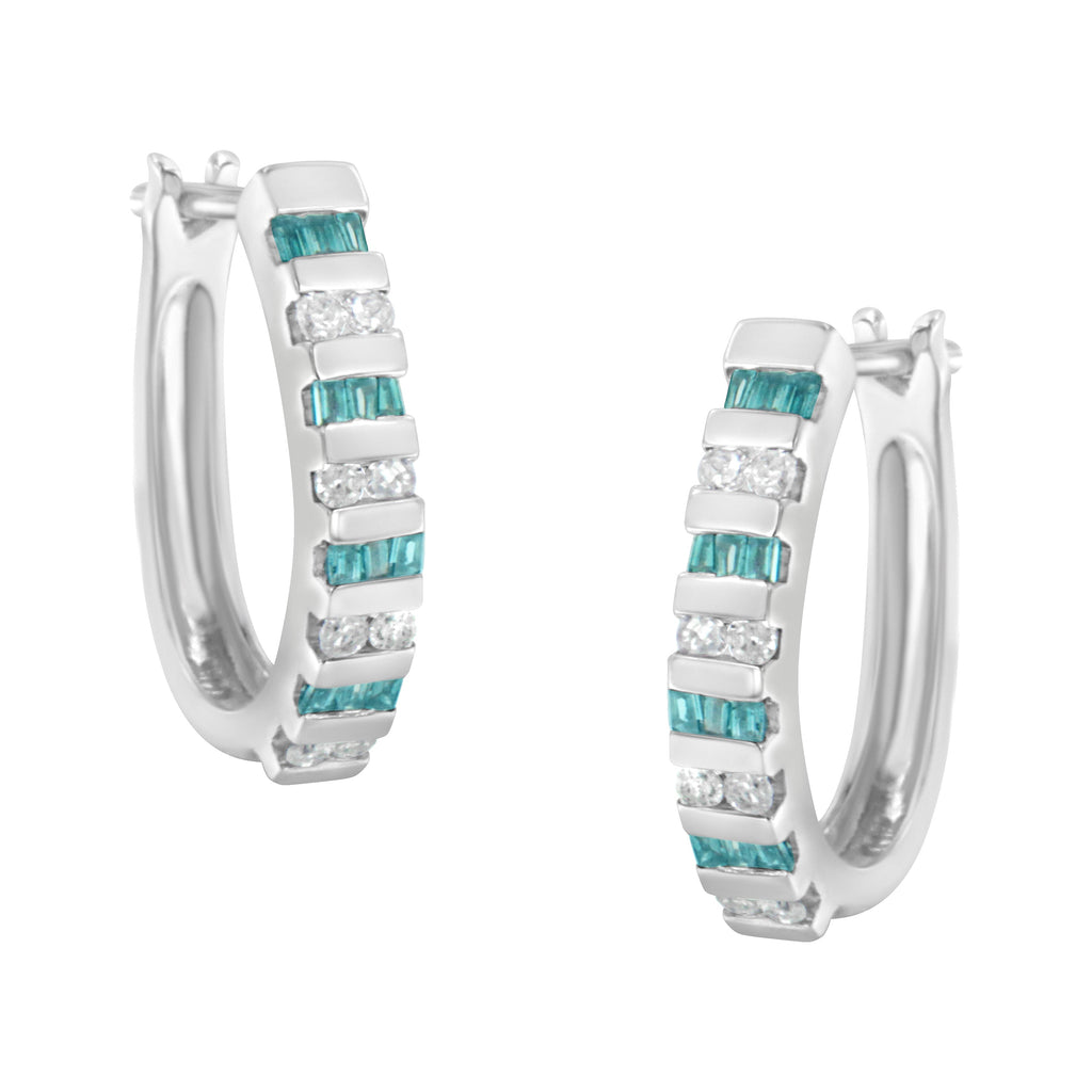 10k White Gold Round and Blue Baguette 1/2 cttw Diamond Hoop Earrings (I-J Color, I2-I3 Clarity)