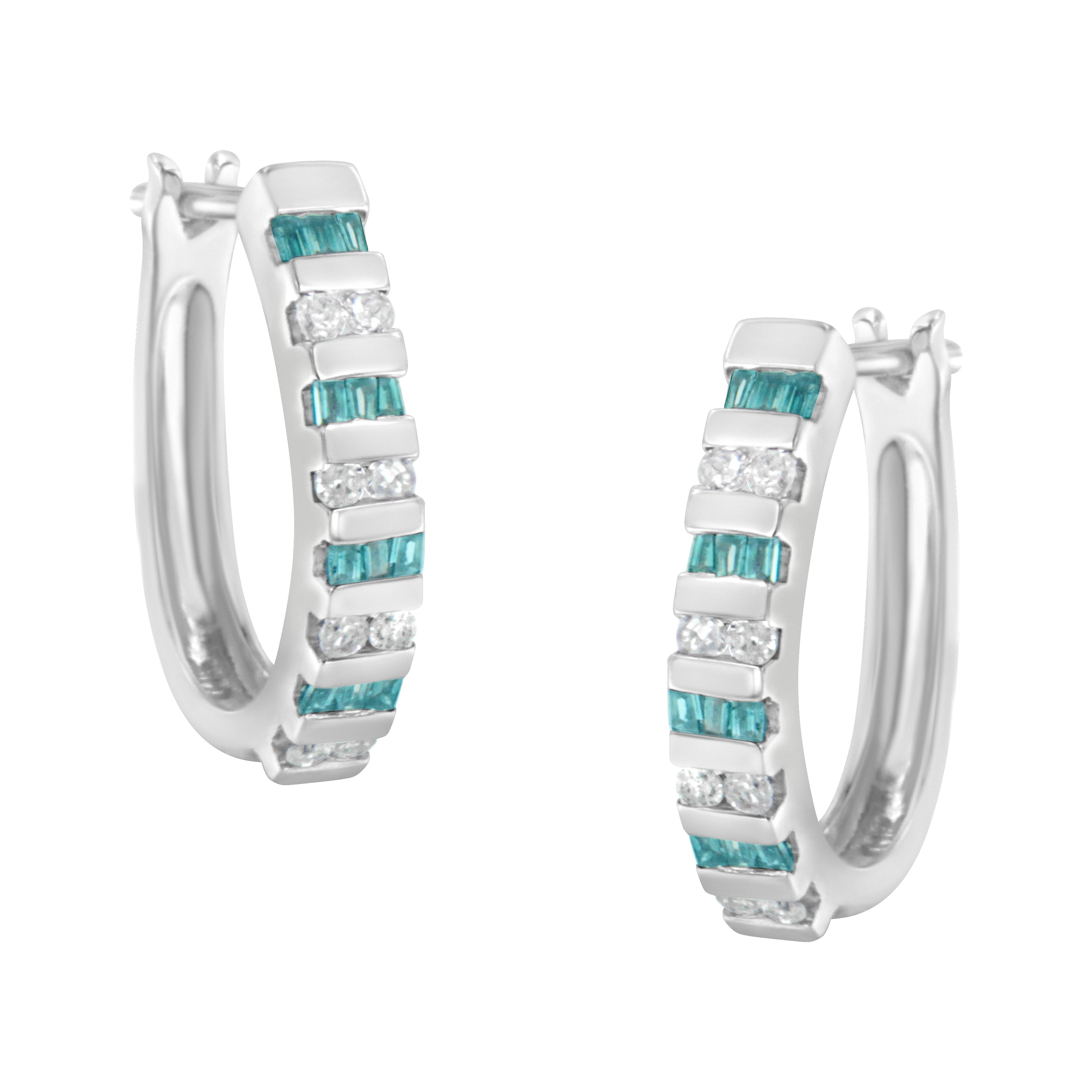 10k White Gold Round and Blue Baguette 1/2 cttw Diamond Hoop Earrings (I-J Color, I2-I3 Clarity)