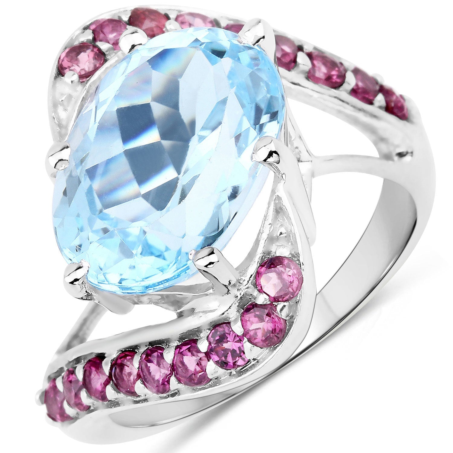 8.40 Carat Genuine Blue Topaz and Rhodolite .925 Sterling Silver Ring
