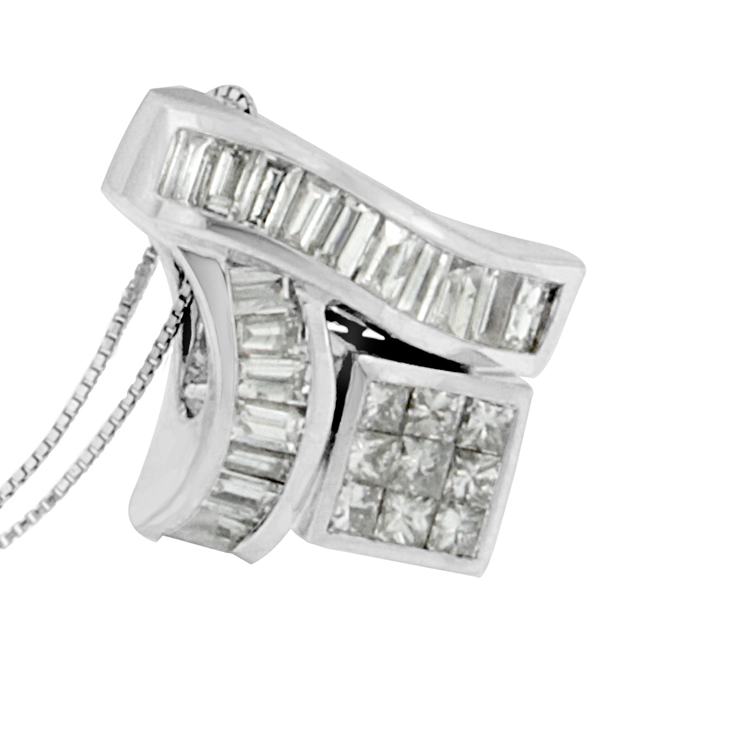 14K White Gold 1 7/8 cttw Princess and Baguette Cut Mixed Geometry Diamond Pendant Necklace (G-H, SI1-SI2)