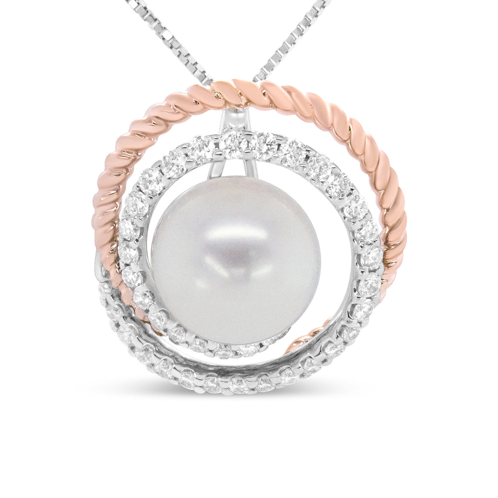 14K Rose and White Gold 3/8 Cttw Pave Diamond and 9mm Round Pearl Spiral Openwork 18" Pendant Necklace- (H-I Color, VS1-VS2 Clarity)
