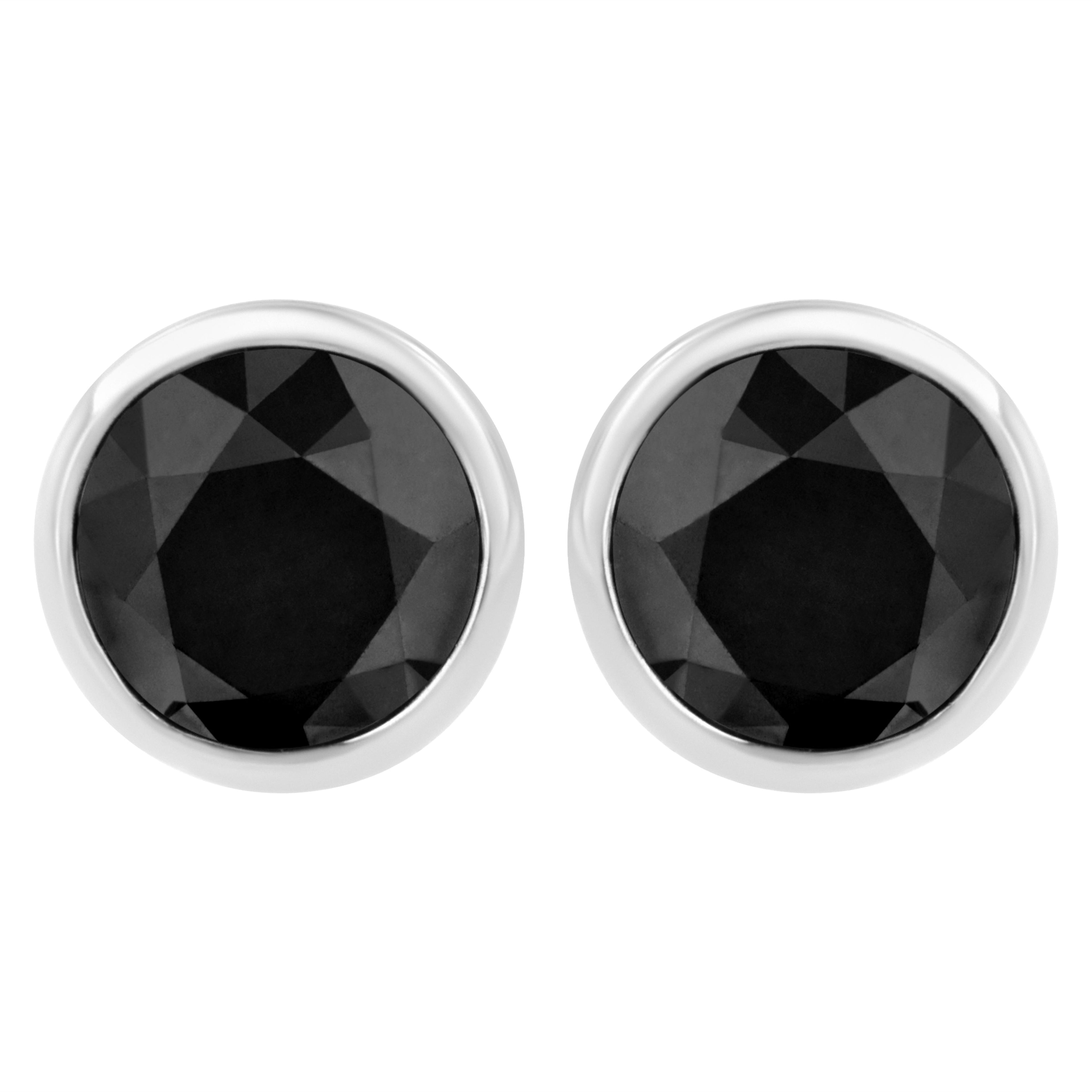 .925 Sterling Silver 4.00 Cttw Round Brilliant-Cut Black Diamond Bezel-Set Stud Earrings with Screw Backs (Fancy Color-Enhanced, I2-I3 Clarity)