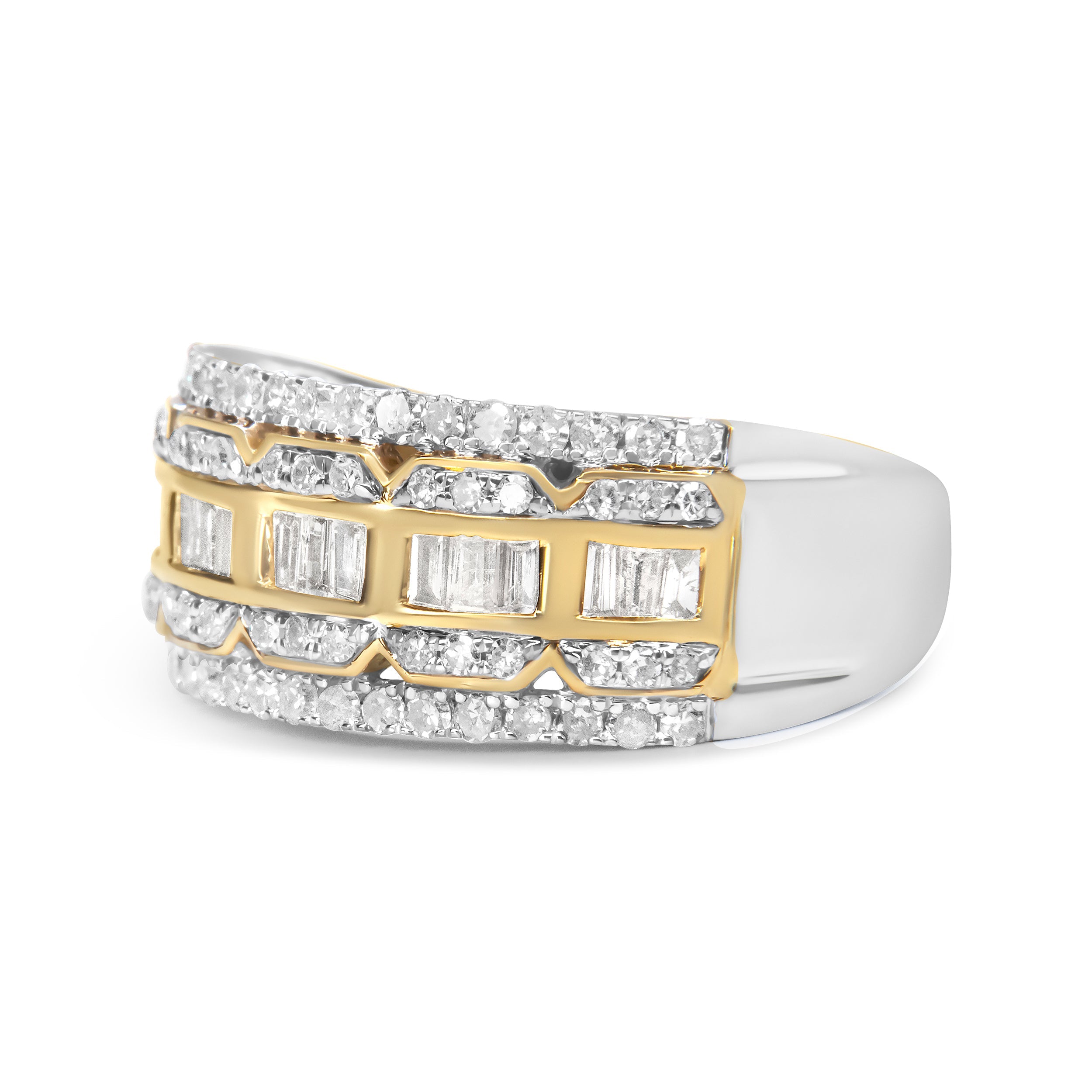 10K White and Yellow Gold 1.00 Cttw Baguette and Round cut Diamond Art Deco Multi-Row Ring Band (I-J Color, I1-I2 Clarity) - Ring Size 7