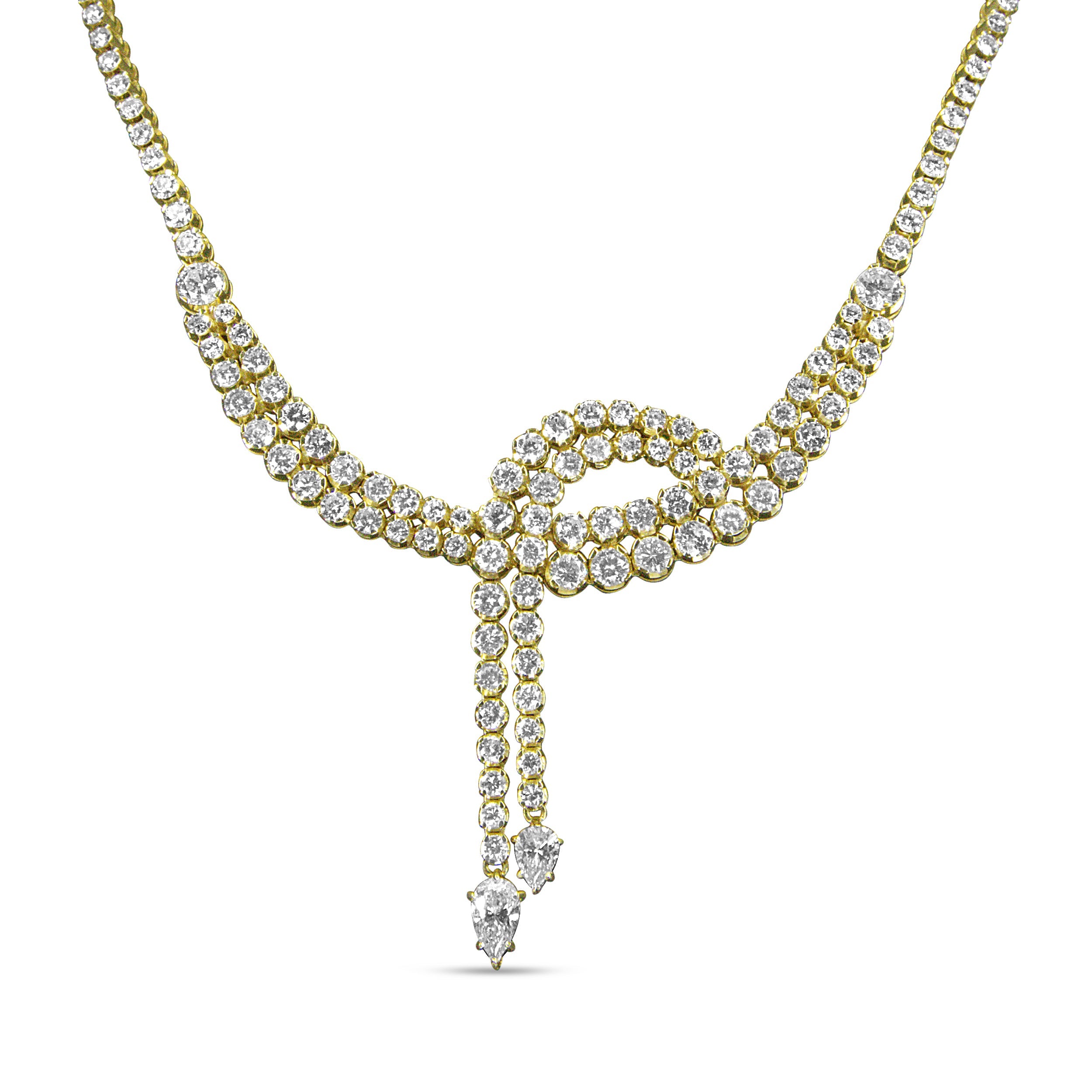 14k Yellow Gold 17.0 Cttw Diamond Double Row Lariat 18" Inch Tennis Necklace with Pear Shape Diamond Drop Tips (I-J Color, VS2-SI1 Clarity)