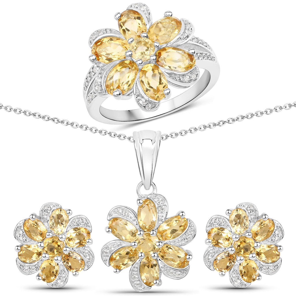 7.92 Carat Genuine Citrine and White Topaz .925 Sterling Silver 3 Piece Jewelry Set (Ring, Earrings, and Pendant w/ Chain)
