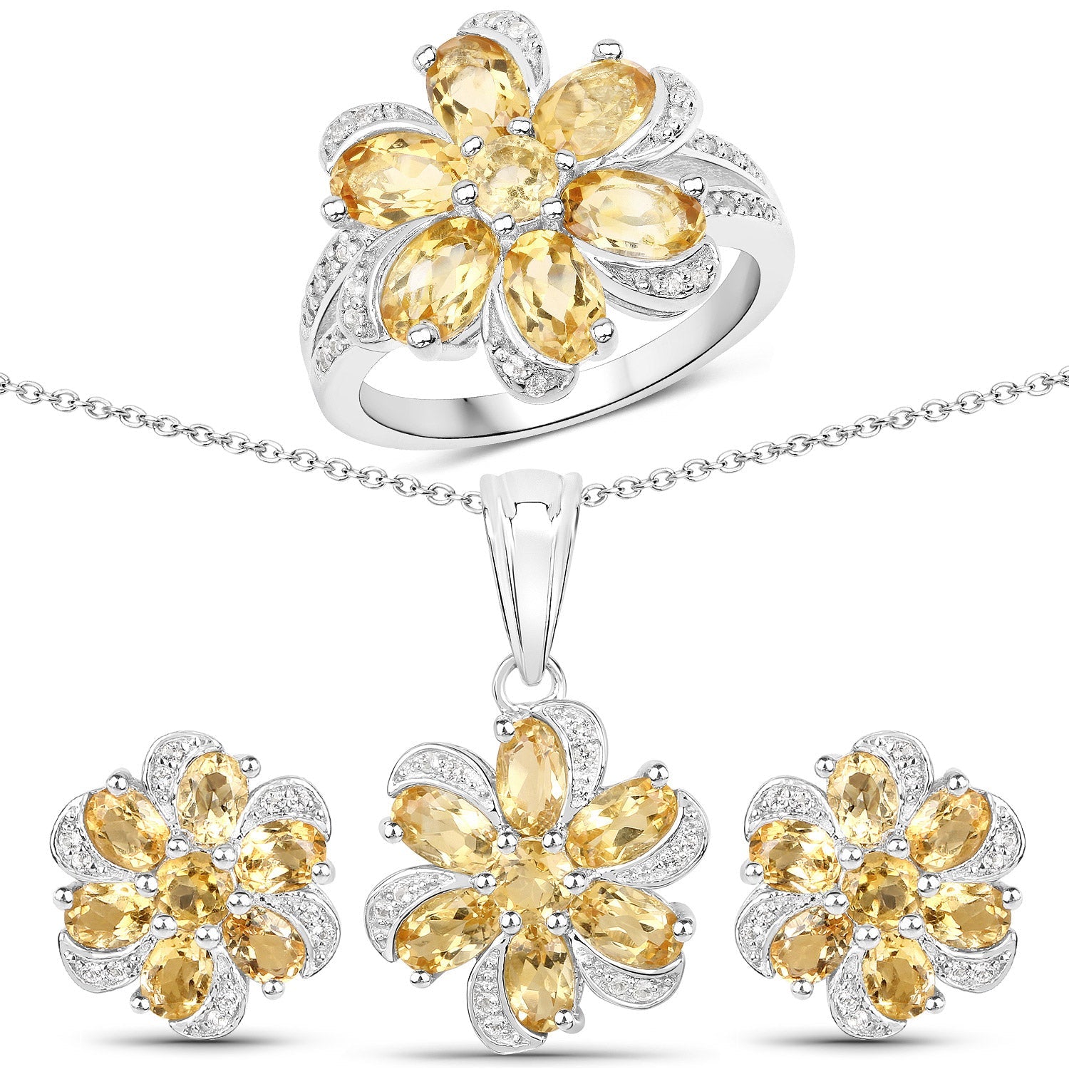 7.92 Carat Genuine Citrine and White Topaz .925 Sterling Silver 3 Piece Jewelry Set (Ring, Earrings, and Pendant w/ Chain)