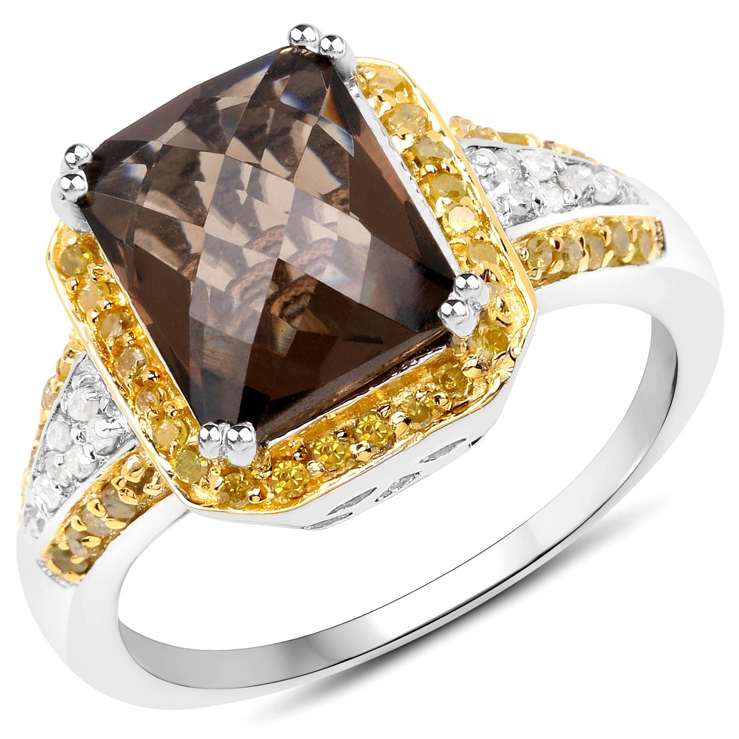 3.48 Carat Genuine Smoky Quartz, Yellow Diamond and White Diamond .925 Sterling Silver Ring